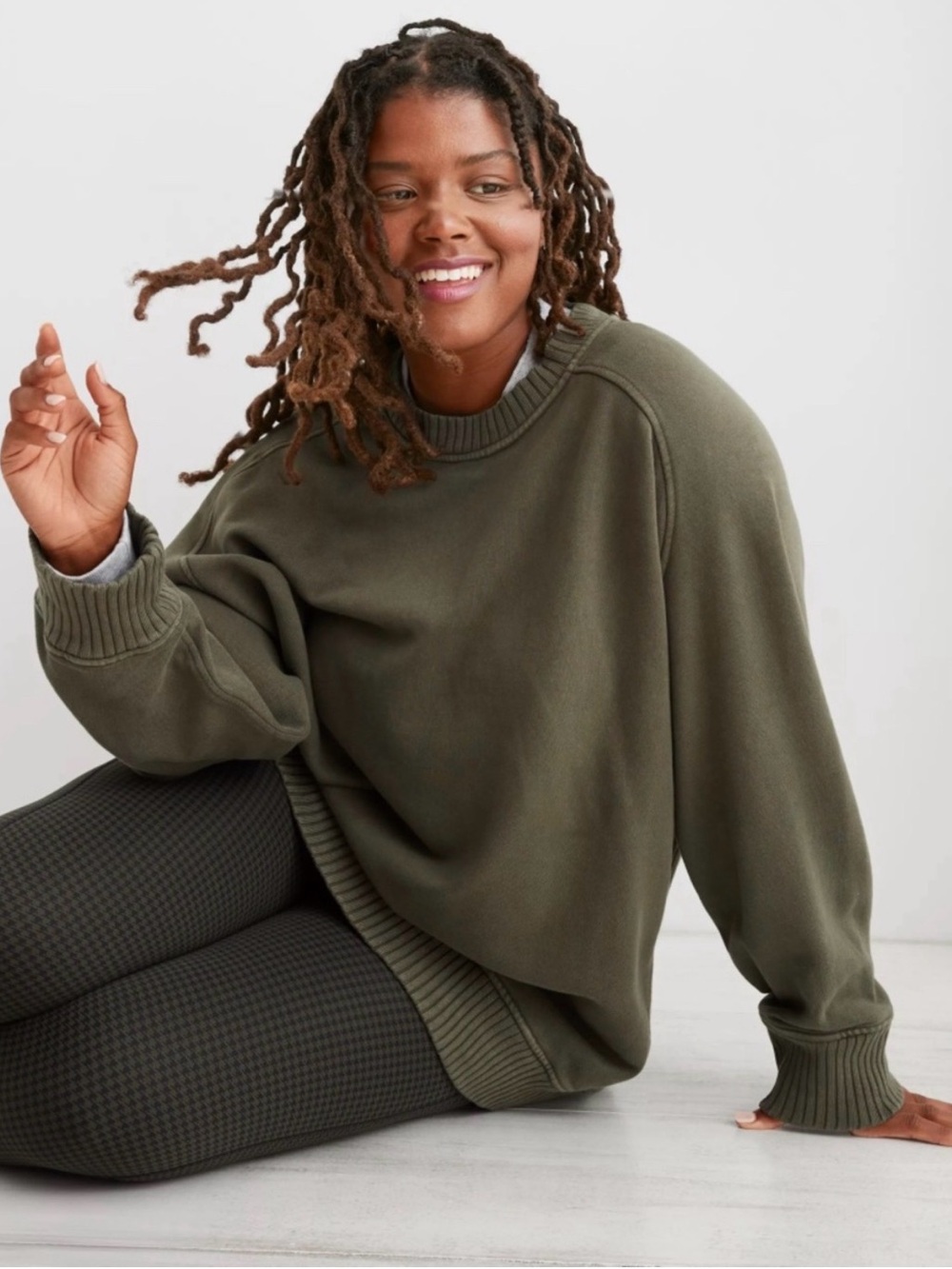 aerie Olive Green Oversized Crewneck Sweatshirt